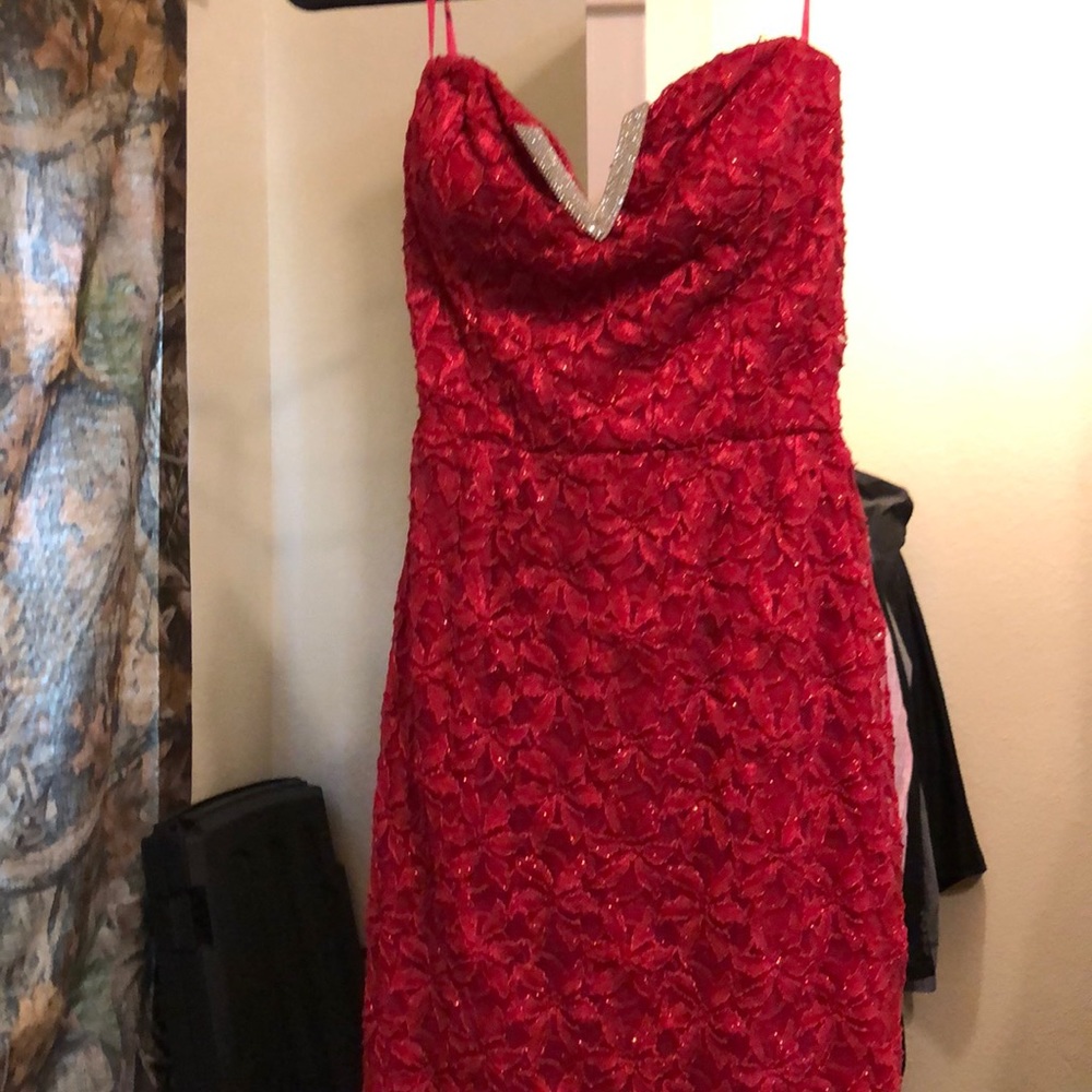 Red formal dress with beautiful neckline